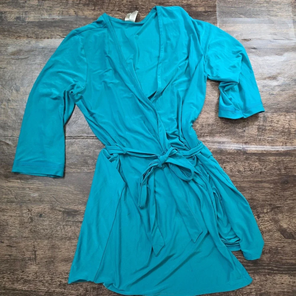AMBRIELLE Pajama Set Women M/L Teal Floral Robe Top Pants 3pc Loungewear